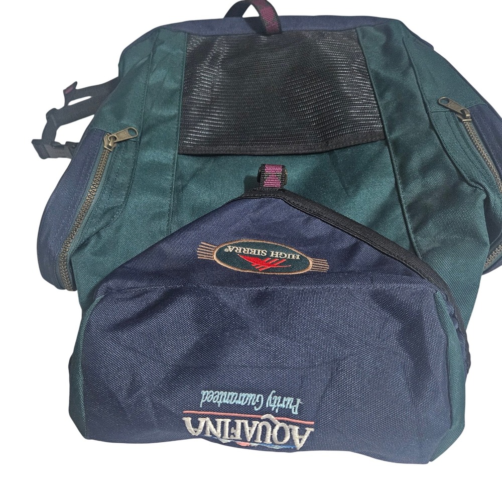 Vintage High Sierra X Aquafina Collab Backpack Green Navy Blue Hiking Bag